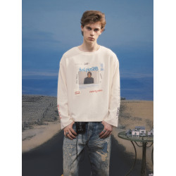 SOD Co. 華夫格長袖 “基努”米白色 廓形人物印花復古衛衣長T恤