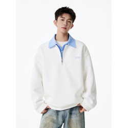 悟空有貨美式復古撞色假兩件長袖POLO衫男潮牌寬松百搭半拉鍊衛衣