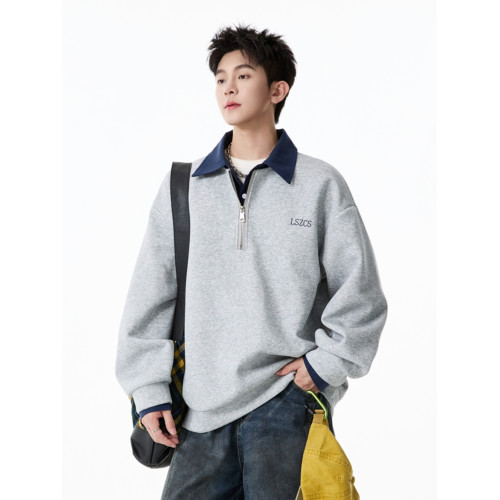 悟空有貨美式復古撞色假兩件長袖POLO衫男潮牌寬松百搭半拉鍊衛衣 悟空有貨美式復古撞色假兩件長袖POLO衫男潮牌寬松百搭半拉鍊衛衣