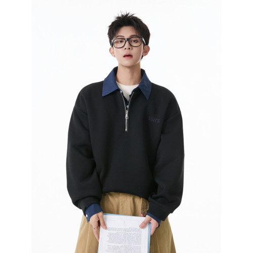 悟空有貨美式復古撞色假兩件長袖POLO衫男潮牌寬松百搭半拉鍊衛衣 悟空有貨美式復古撞色假兩件長袖POLO衫男潮牌寬松百搭半拉鍊衛衣