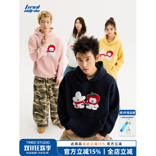 TIRED先生卡通毛巾綉連帽衛衣情侶款寬鬆套頭衫街頭寬鬆休閒上衣