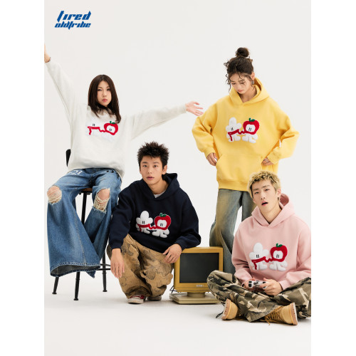 TIRED先生卡通毛巾綉連帽衛衣情侶款寬鬆套頭衫街頭寬鬆休閒上衣