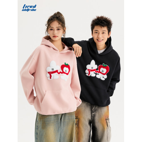 TIRED先生卡通毛巾綉連帽衛衣情侶款寬鬆套頭衫街頭寬鬆休閒上衣