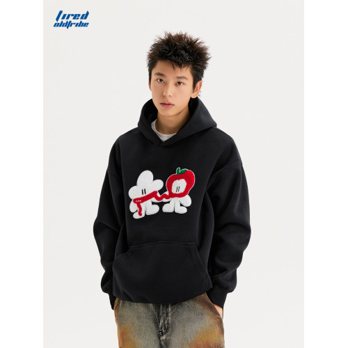 TIRED先生卡通毛巾綉連帽衛衣情侶款寬鬆套頭衫街頭寬鬆休閒上衣