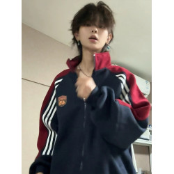 美式復古撞色三條杠立領衛衣男女秋季2025新款寬松慵懶風開衫外套