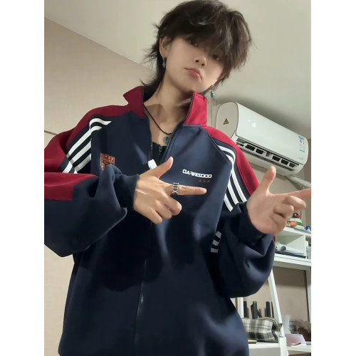 美式復古撞色三條杠立領衛衣男女秋季2025新款寬松慵懶風開衫外套 美式復古撞色三條杠立領衛衣男女秋季2025新款寬松慵懶風開衫外套