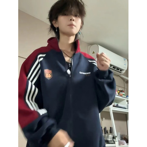 美式復古撞色三條杠立領衛衣男女秋季2025新款寬松慵懶風開衫外套 美式復古撞色三條杠立領衛衣男女秋季2025新款寬松慵懶風開衫外套