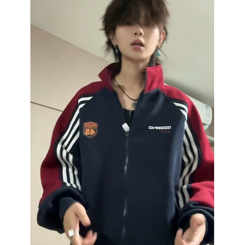 美式復古撞色三條杠立領衛衣男女秋季2025新款寬松慵懶風開衫外套 美式復古撞色三條杠立領衛衣男女秋季2025新款寬松慵懶風開衫外套