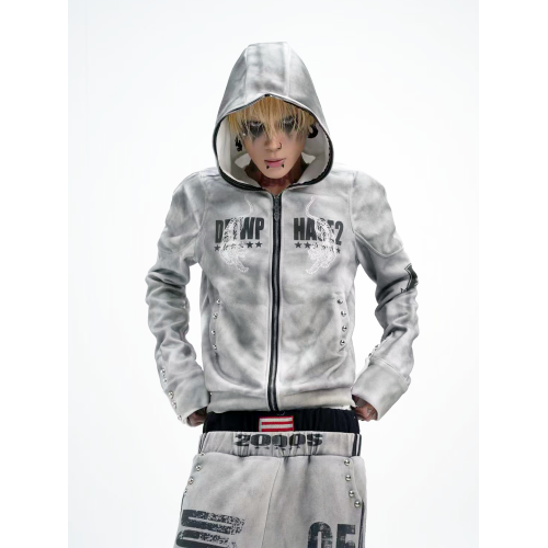 DETW 25AW*原創小衆水洗噴髒做舊-雙虎綉花盔甲拉鍊連帽外套男女 DETW 25AW*原創小衆水洗噴髒做舊-雙虎綉花盔甲拉鍊連帽外套男女