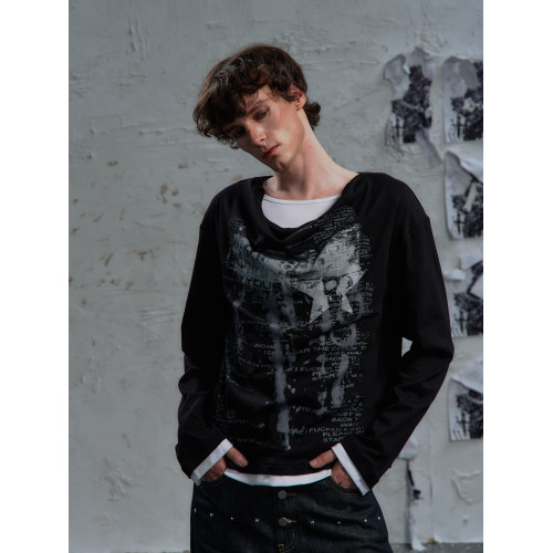 PAIKI「塞勒斯前奏」權利密碼假兩件長袖T堆領設計休閒亞文化衛衣 PAIKI「塞勒斯前奏」權利密碼假兩件長袖T堆領設計休閒亞文化衛衣