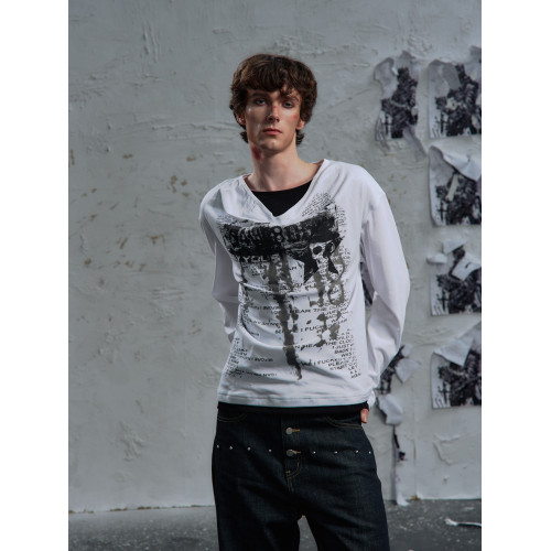 PAIKI「塞勒斯前奏」權利密碼假兩件長袖T堆領設計休閒亞文化衛衣 PAIKI「塞勒斯前奏」權利密碼假兩件長袖T堆領設計休閒亞文化衛衣