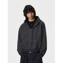 BLAEXIT美式復古親膚毛呢條紋外套早秋連帽短款衛衣拉鍊開衫男女