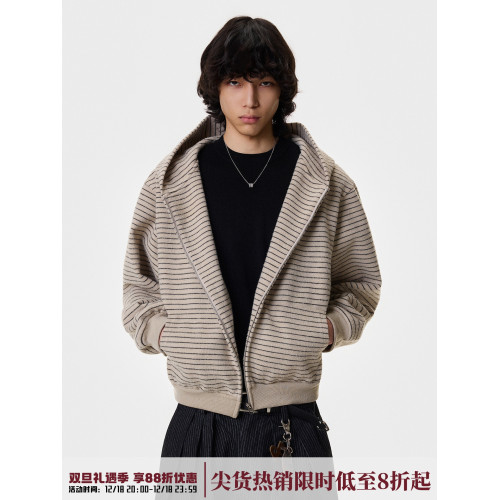 BLAEXIT美式復古親膚毛呢條紋外套早秋連帽短款衛衣拉鍊開衫男女 BLAEXIT美式復古親膚毛呢條紋外套早秋連帽短款衛衣拉鍊開衫男女
