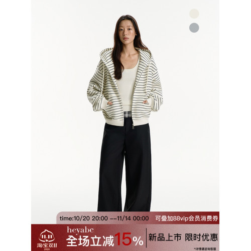 HEYABC 秋冬條紋連帽衛衣開衫女2025寬松休閒百搭慵懶風外套上衣 HEYABC 秋冬條紋連帽衛衣開衫女2025寬松休閒百搭慵懶風外套上衣