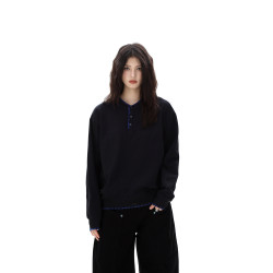 AFOEOT秋季美式手縫線亨利領針織衛衣男女老錢風休閒寬松長袖上衣