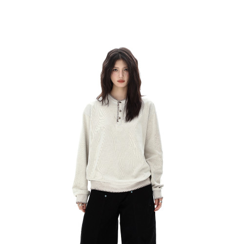 AFOEOT秋季美式手縫線亨利領針織衛衣男女老錢風休閒寬松長袖上衣 AFOEOT秋季美式手縫線亨利領針織衛衣男女老錢風休閒寬松長袖上衣