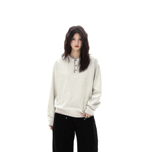 AFOEOT秋季美式手縫線亨利領針織衛衣男女老錢風休閒寬松長袖上衣 AFOEOT秋季美式手縫線亨利領針織衛衣男女老錢風休閒寬松長袖上衣