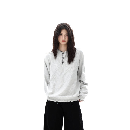 AFOEOT秋季美式手縫線亨利領針織衛衣男女老錢風休閒寬松長袖上衣 AFOEOT秋季美式手縫線亨利領針織衛衣男女老錢風休閒寬松長袖上衣