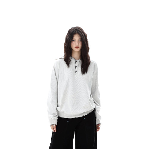 AFOEOT秋季美式手縫線亨利領針織衛衣男女老錢風休閒寬松長袖上衣 AFOEOT秋季美式手縫線亨利領針織衛衣男女老錢風休閒寬松長袖上衣