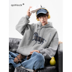 美式小狗貼布刺綉連帽衛衣男秋季新款寬松休閒上衣設計感情侶外套