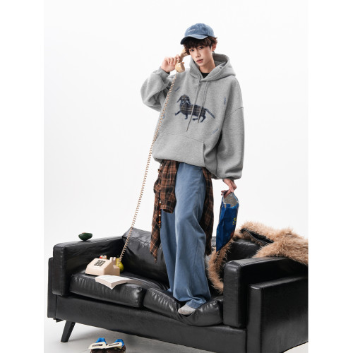 美式小狗貼布刺綉連帽衛衣男秋季新款寬松休閒上衣設計感情侶外套 美式小狗貼布刺綉連帽衛衣男秋季新款寬松休閒上衣設計感情侶外套