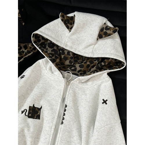 美式復古豹紋刺綉可愛耳朵連帽衛衣男女開衫拉鍊高級感情侶款外套