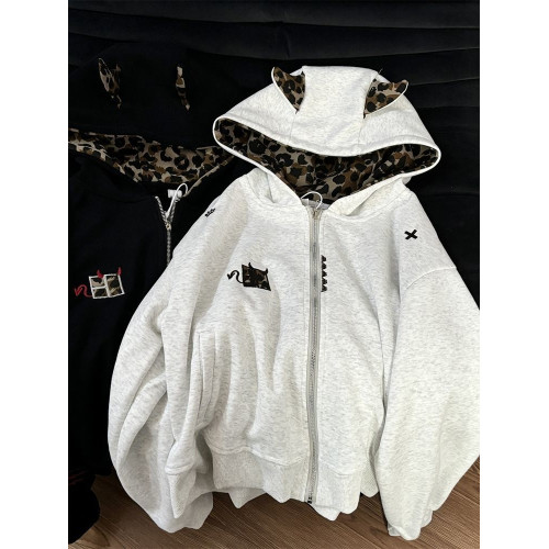 美式復古豹紋刺綉可愛耳朵連帽衛衣男女開衫拉鍊高級感情侶款外套