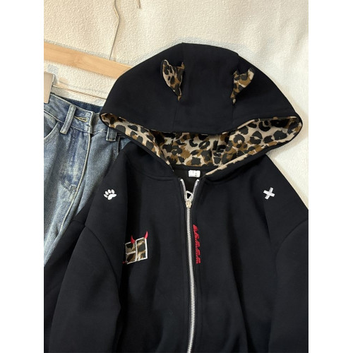 美式復古豹紋刺綉可愛耳朵連帽衛衣男女開衫拉鍊高級感情侶款外套