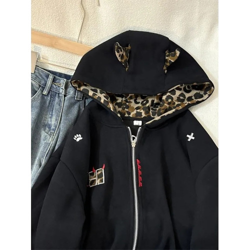 美式復古豹紋刺綉可愛耳朵連帽衛衣男女開衫拉鍊高級感情侶款外套