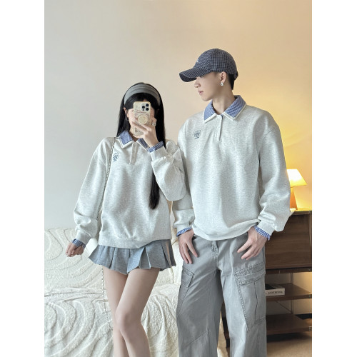 學院風情侶裝秋季新款設計感假兩件拼接polo領衛衣寬松套頭上衣潮 學院風情侶裝秋季新款設計感假兩件拼接polo領衛衣寬松套頭上衣潮