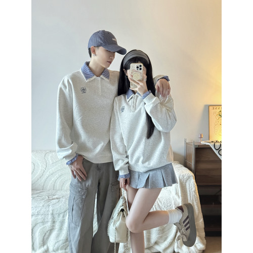 學院風情侶裝秋季新款設計感假兩件拼接polo領衛衣寬松套頭上衣潮 學院風情侶裝秋季新款設計感假兩件拼接polo領衛衣寬松套頭上衣潮