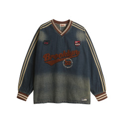 悟空有貨美式潮牌毛巾綉V領牛仔衛衣男復古寬松水洗做舊百搭上衣