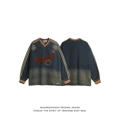 悟空有貨美式潮牌毛巾綉V領牛仔衛衣男復古寬松水洗做舊百搭上衣 悟空有貨美式潮牌毛巾綉V領牛仔衛衣男復古寬松水洗做舊百搭上衣