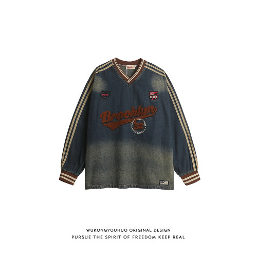 悟空有貨美式潮牌毛巾綉V領牛仔衛衣男復古寬松水洗做舊百搭上衣 悟空有貨美式潮牌毛巾綉V領牛仔衛衣男復古寬松水洗做舊百搭上衣