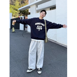 美式復古字母印花圓領套頭衛衣男士秋冬潮牌時尚休閒寬松百搭上衣