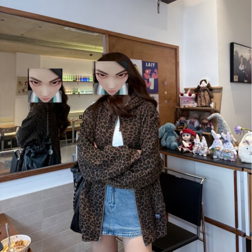 】自主天花版2025早春美式豹紋連帽寬松拉鍊衛衣外套男女款潮