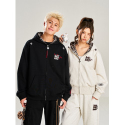 NSTNEW START髮芽計劃小惡魔豹紋貼布連帽拉鍊外套美式男女衛衣