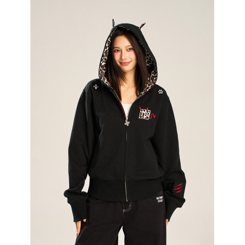 NSTNEW START髮芽計劃小惡魔豹紋貼布連帽拉鍊外套美式男女衛衣 NSTNEW START髮芽計劃小惡魔豹紋貼布連帽拉鍊外套美式男女衛衣