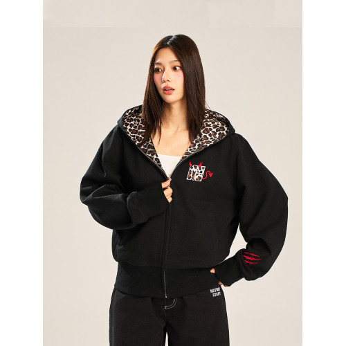 NSTNEW START髮芽計劃小惡魔豹紋貼布連帽拉鍊外套美式男女衛衣 NSTNEW START髮芽計劃小惡魔豹紋貼布連帽拉鍊外套美式男女衛衣