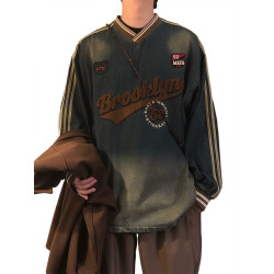 NAGAWL秋季美式復古寬松休閒植絨字母拼接V領牛仔長袖T恤套頭衛衣