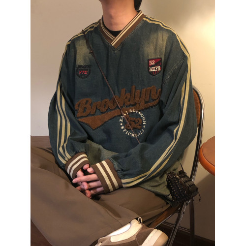 NAGAWL秋季美式復古寬松休閒植絨字母拼接V領牛仔長袖T恤套頭衛衣 NAGAWL秋季美式復古寬松休閒植絨字母拼接V領牛仔長袖T恤套頭衛衣