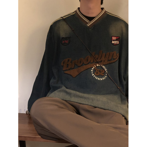 NAGAWL秋季美式復古寬松休閒植絨字母拼接V領牛仔長袖T恤套頭衛衣 NAGAWL秋季美式復古寬松休閒植絨字母拼接V領牛仔長袖T恤套頭衛衣