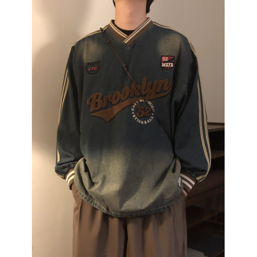 NAGAWL秋季美式復古寬松休閒植絨字母拼接V領牛仔長袖T恤套頭衛衣 NAGAWL秋季美式復古寬松休閒植絨字母拼接V領牛仔長袖T恤套頭衛衣