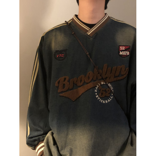 NAGAWL秋季美式復古寬松休閒植絨字母拼接V領牛仔長袖T恤套頭衛衣 NAGAWL秋季美式復古寬松休閒植絨字母拼接V領牛仔長袖T恤套頭衛衣