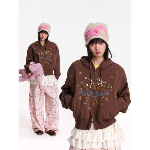 江南先生NewJNXS街頭燙銀燙金立體綉小熊圖案短款衛衣秋季外套女 江南先生NewJNXS街頭燙銀燙金立體綉小熊圖案短款衛衣秋季外套女