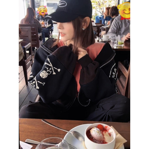 GRALIZ PROJECT GR骷髏拼接水洗做舊破洞連帽衫衛衣美式拉鍊外套