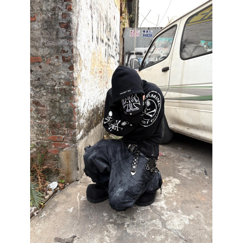 GRALIZ PROJECT GR骷髏拼接水洗做舊破洞連帽衫衛衣美式拉鍊外套