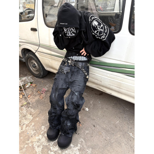 GRALIZ PROJECT GR骷髏拼接水洗做舊破洞連帽衫衛衣美式拉鍊外套