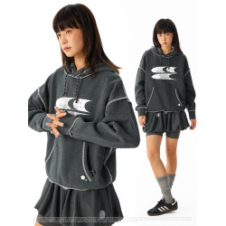 CryingCenter 條紋小花蕾絲印花抓絨連帽合身中短款衛衣 哭喊中心