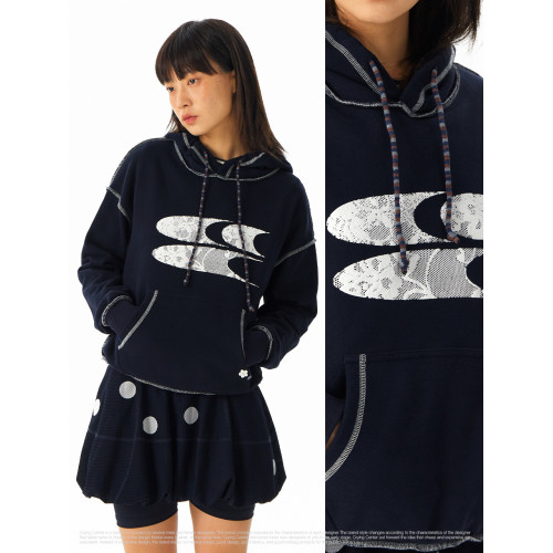 CryingCenter 條紋小花蕾絲印花抓絨連帽合身中短款衛衣 哭喊中心 CryingCenter 條紋小花蕾絲印花抓絨連帽合身中短款衛衣 哭喊中心